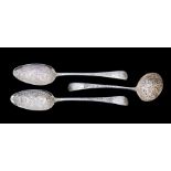 A pair of George III silver Old English Pattern berry spoons, hallmarked by Samuel Godbehere &