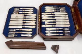 A set of eighteen Victorian silver plate and mother-of-pearl mounted fruit knives and forks, (1 fork