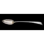 A George III Scottish Provincial Old English pattern straining spoon, the handle engraved with a