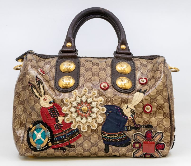 Gucci- a ladies Gucci Babouska Fable Boston GG crystal canvas and leather bag, signature GG print