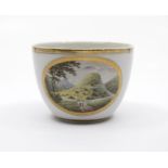 A CJ Mason coffee cup, decorated with an oval landscape with a Derbyshire view, probably Billingsley