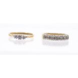 Two 18ct gold rings to include a three stone diamond ring, diamonds approx 0.15ct, size M1/2,
