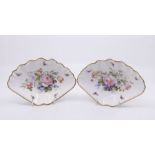 A pair of S & H Derby King St Factory fan shaped dishes, decorated with large flower groups and