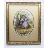 A KPM Berlin oval plaque depicting a Lady foraging with Gentleman in 18th Century dress, incised