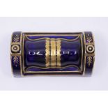 A very unusual Crown Derby blue ground barrel shaped knife rest, date code for 1885, ??cms long