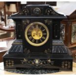 Late 19th Century French slate mantle clock, large proportions, gilt detail, black and gilt open