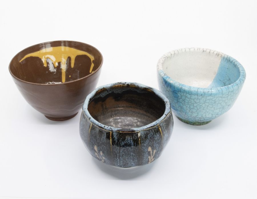 Studio pottery: 3 studio pottery bowls comprising blue and white raku bowl, diameter approx 15cm,