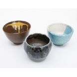 Studio pottery: 3 studio pottery bowls comprising blue and white raku bowl, diameter approx 15cm,