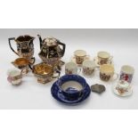 19th Century heavily gilted stone ware tea set including commemorative mugs, cups, large blue and