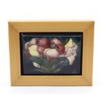Moorcroft Pottery: A Moorcroft Freesia pattern plaque in wooden frame. Approx 12cm x 9cm, frame size