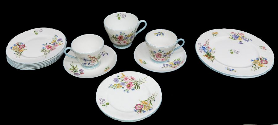 Shelley; a tea service in Wild Flowers pattern including cups, saucers, bowls, plates, milk and