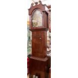 George III rose mahogany long case clock, brass arched dial, Hedge of Colchester, Roman and Arabic