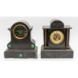 Two late 19th Century slate French mantle clock, one with open onyx green face, Roman numerals and