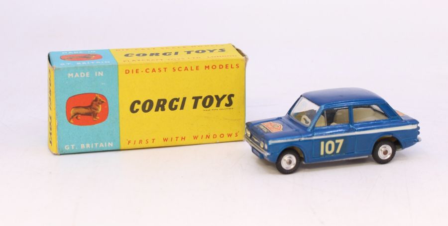 Corgi: A boxed Corgi Toys, Hillman Imp Monto-Carlo 1966, blue body with race decals, Reference