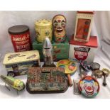 Tinplate: A collection of assorted vintage tinplate to include: Chad Valley Safe money box,