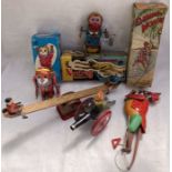 Tinplate: A collection of assorted vintage tinplate toys to include Yanoman Acrobat Monkey, boxed,