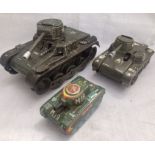 Tinplate: A collection of three vintage tinplate Tanks, two clockwork by Gama Germany, the smaller