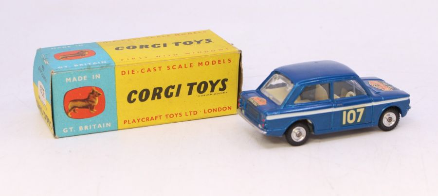 Corgi: A boxed Corgi Toys, Hillman Imp Monto-Carlo 1966, blue body with race decals, Reference - Image 2 of 2