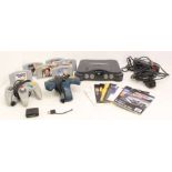 Nintendo: An unboxed Nintendo 64 console, with two controllers and adapters, together with a