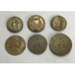 Group of coin weights and tokens includes George II and George III.