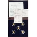 Collection of Five .585 Gold coins (0.5g each) in presentation case with Certificates.