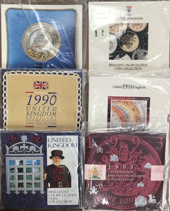 Royal Mint BU year sets in Original presentation folders, includes 1988, 1989, 1990, 1991, 1993 &