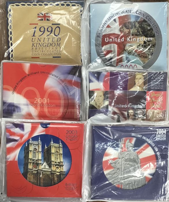 Royal Mint BU year sets in Original presentation folders, includes 1990, 2000, 2001, 2002, 2003 &