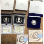 Silver proof coins in original cases with certificates. Includes Diana Memorial £5 coin,1977
