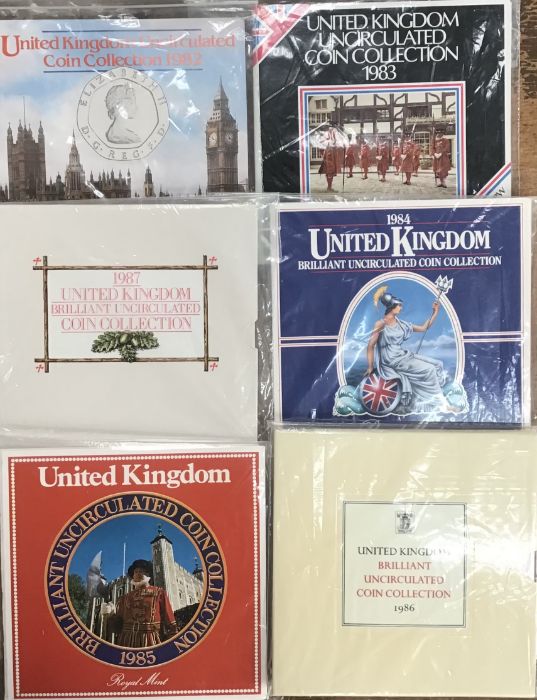 Royal Mint BU Year Sets in Original presentation folders. Includes 1982, 1983, 1984, 1985 & 1986