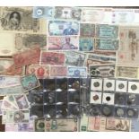 Large collection of World Banknotes and Coins, includes France, Germany, Russia, Zimbabwean,