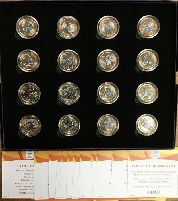 The 16 coin set commemorating the 2016 Rio Olympic Games.