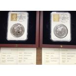 Two Royal Mint 2012 & 2013 One Ounce Fine Silver Britannia Coins in Date stamp presentation cases
