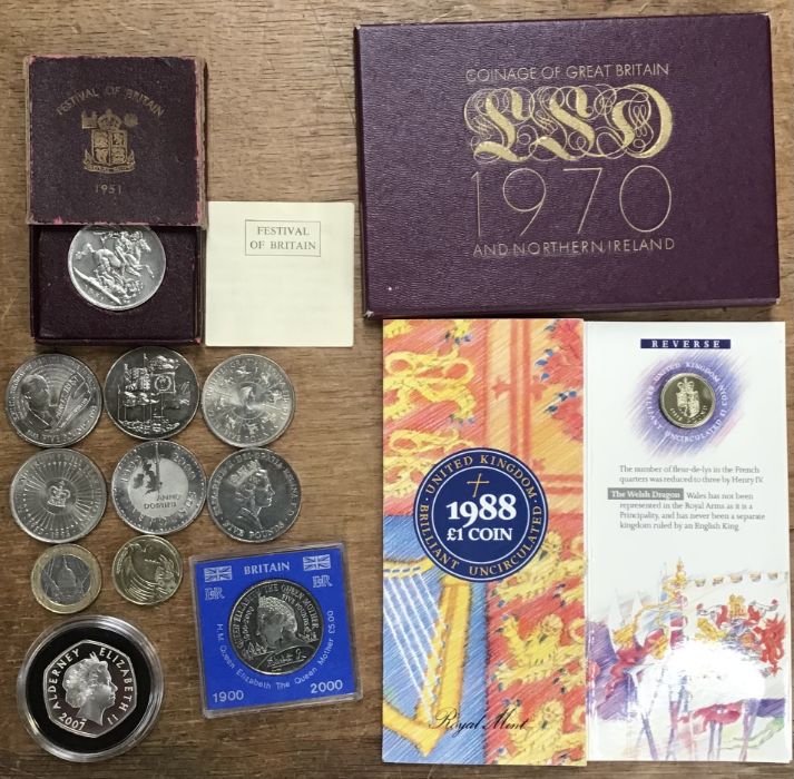 British Coin Collection of Modern coins, 7 x £5 coins, 1970 proof set, 1951 Festival of Britain