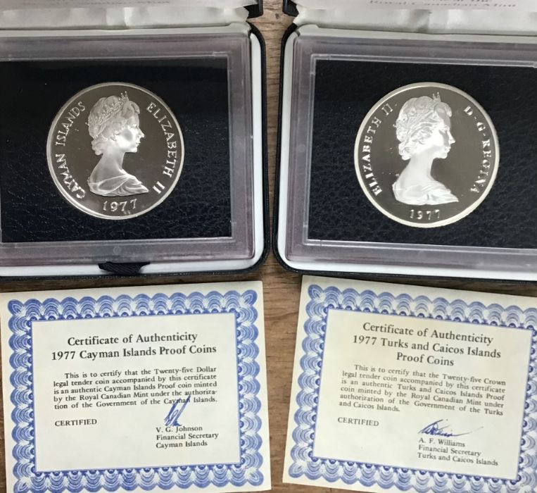 Silver proof coins in original cases with certificates. Includes Diana Memorial £5 coin,1977 - Image 3 of 3