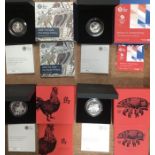 Royal Mint Silver Proof Coins in Original Cases with Certificate of Authenticity, includes two Lunar