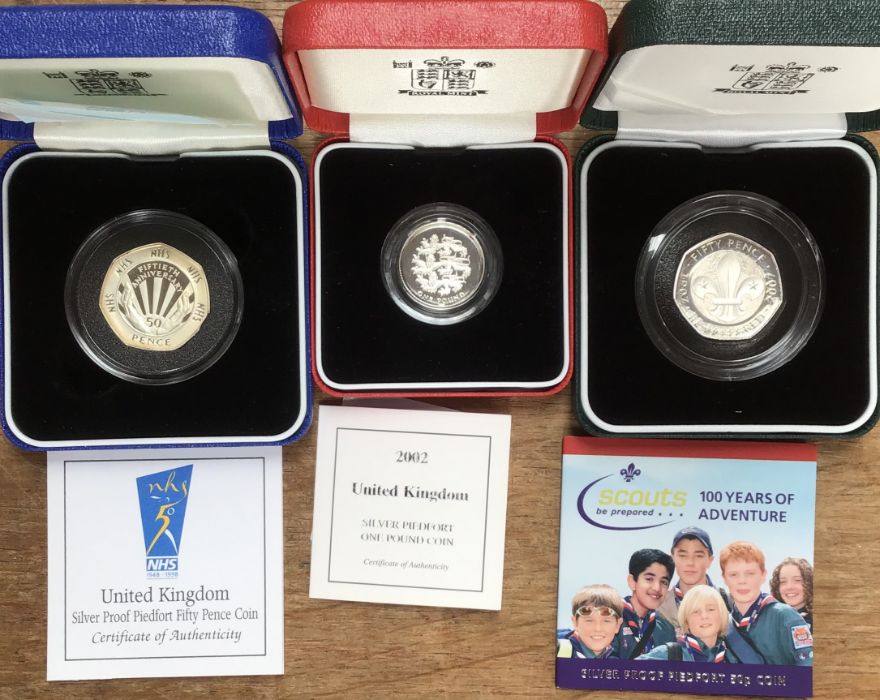 Royal Mint Silver Piedfort Proof Coins in Original Cases with Certificate of Authenticity,