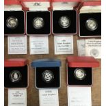 Seven Royal Mint Piedfort Silver Proof one pound coins in Original Cases with Certificate of