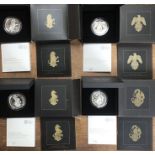 Four Royal Mint 1oz Silver Proof ‘The Queen’s Beasts’ of White Horse, Red Dragon, White Lion and