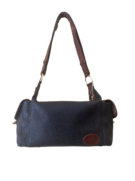 A zip top mulberry bag in a boxy shape with a pouch at either end, an interior zipped pocket. A