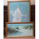 A large print of a Roman lady in a gilt frame 98cm x 58.5cm and a print on canvas of a beach