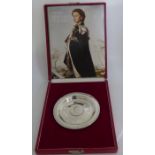 Boxed silver dish , with the bust of the queen in the centre , made to commemorated the 20th