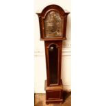 A Tempus Fugit mahogany Grandmother clock, arch shape dial with Roman numerals and outer 5 minute