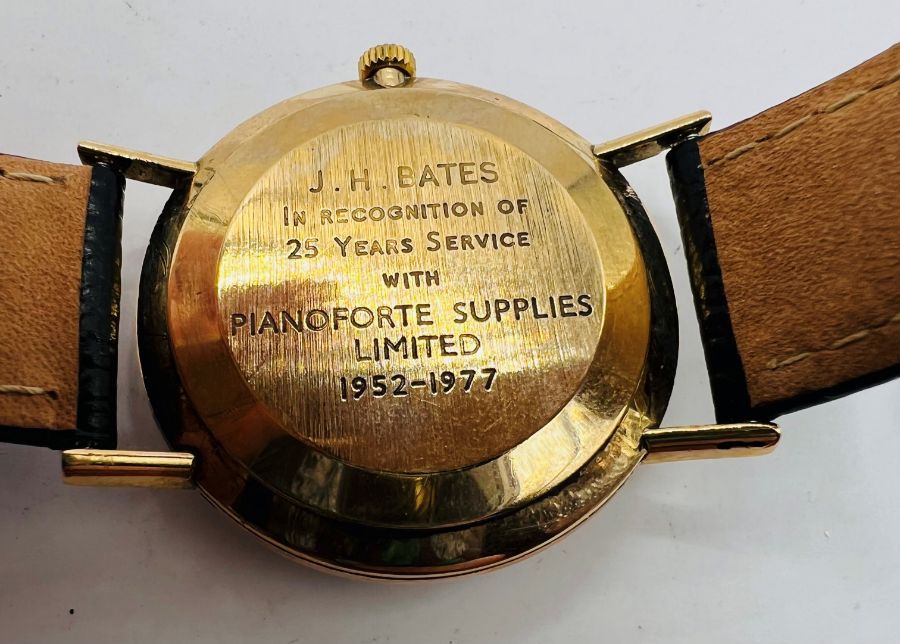 A 9ct gold Omega Gentleman's wristwatch, with engraving dated 1977. Silvered baton dial with numeric - Image 2 of 2