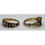 A pair of 19th century 18 carat gold mourning rings: A Victorian black enamel and rose cut diamond