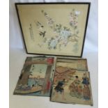 A framed Japanese painting on cloth of birds and flowers and 2 unframed Japanese 19th C block
