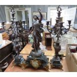 A late 19th century marble, spelter and gilt clock candelabra after A J Scotte, depicting Diana