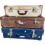 Three mid-century suitcases to include  one expanding case in blue, a small cream case and a brown