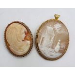 ***AWAY REF CH 27/07 ***A pair of 9ct gold framed shell cameos one in a brooch setting, the other in