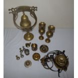 various brass items to include a hanging lunch or announcement bell ( clapper missing ) a pair of