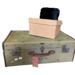 a 1940s wwii army canvas covered suitcase with the name DAVIE stamped in black, and a 1950s/60s
